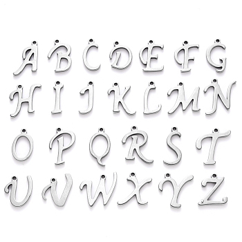 201 Edelstahl Anhänger / charms, Alphabet, Laserschnitt, Edelstahl Farbe, Buchstabe a ~ z, 10~14.5x4~14x1 mm, Bohrung: 1 mm, 26 Stück / Set.