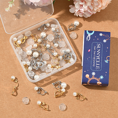 24 шт. 2 стиля фурнитуры для сережек-клипс из нержавеющей стали 304 с пластиковыми бусинами с имитацией жемчуга STAS-SC0010-46C-1