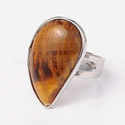 Регулируемые кольца из натурального тигрового глаза и платины из латуни RJEW-N024-02B-1