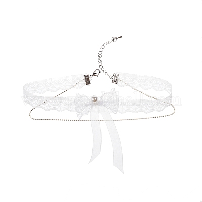 Двухслойные ожерелья-чокеры из сплава с пластиковым жемчугом и бантом из кружева для женщин FS-WG34BC4-01-1