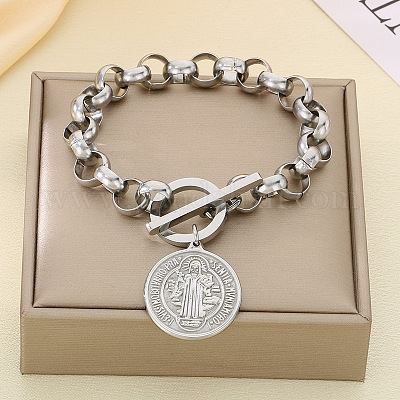 Плоские круглые браслеты с подвесками-цепочками Rolo из нержавеющей стали 304 с изображением святого Бенедикта FS-WGC58E4-03-1