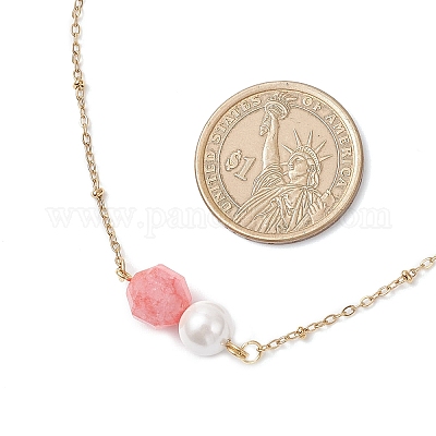 Комплект из ожерелья и серег с подвеской из натурального родохрозита и ракушечного жемчуга круглой формы SJEW-JS01362-1