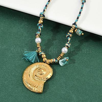 Ожерелья из хлопкового шнура с подвеской в форме ракушки из нержавеющей стали 304 NJEW-C093-05B-G-1