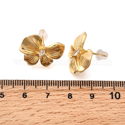 Серьги-гвоздики из латуни с микропаве и бантиком из циркония EJEW-B148-07B-G-1