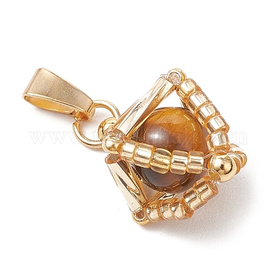 Подвески из натурального тигрового глаза и стеклянных бусин ручной работы круглой формы PALLOY-MZ00470-1