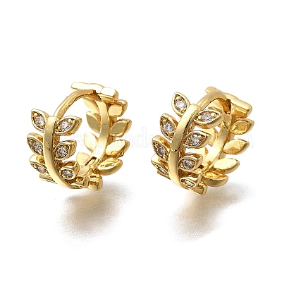 Серьги-кольца в форме листа с микропаве из прозрачных кубических цирконий из латуни EJEW-P322-15G-1