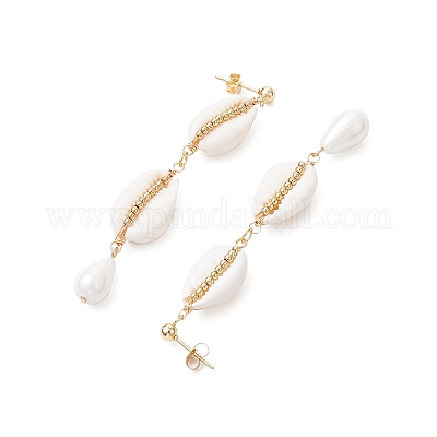 Серьги-гвоздики с кисточками из ракушечного жемчуга EJEW-TA00645-1