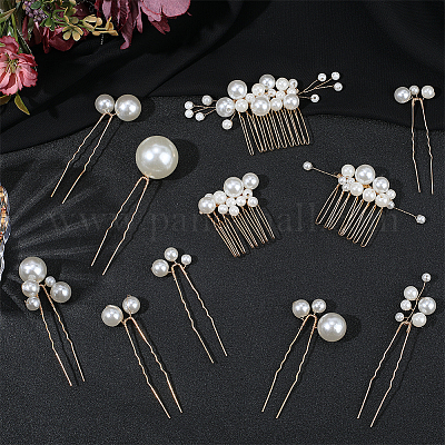 Наборы гребней для волос из медной проволоки и искусственного жемчуга из АБС-пластика для женщин и девочек&nbsp;OHAR-CY0001-20-1