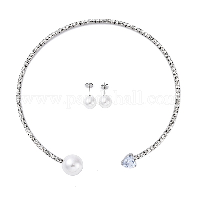 Круглые пластиковые серьги-гвоздики с имитацией жемчуга и колье-чокер с сердечками из кубического циркония и стразами SJEW-U003-10P-1