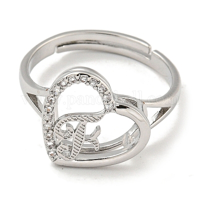 Сердце с буквой стойка покрытие латунь микро паве кубический цирконий регулируемые кольца для женщин RJEW-I105-06P-F-1