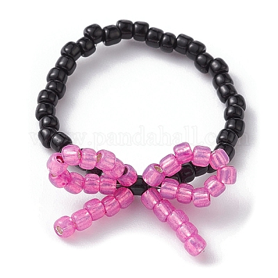 Стрейч-кольца на палец с бантом из стеклянных бисера RJEW-MZ00012-1