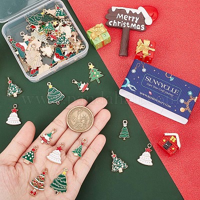 SUNNYCLUE 1 Box 32 Pcs 16 Style Enamel Christmas Charms Christmas Tree Charms Bulk Reindeer Charms for Jewelry Making Candy Cane