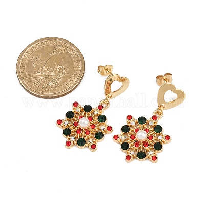 Серьги-гвоздики из АБС-пластика с жемчугом и стразами в форме снежинки EJEW-JE06628-1