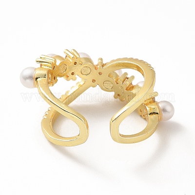 Открытое кольцо-манжета с кубическим цирконием и искусственным жемчугом RJEW-H101-18G-1