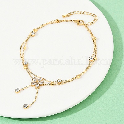 Браслеты на ногу из нержавеющей стали 304 с двухслойными цветочными подвесками AJEW-G069-02G-1