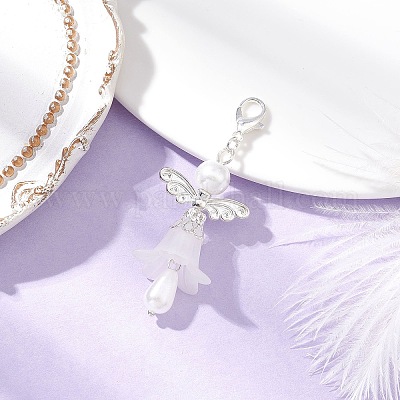 Подвесные украшения из стеклянного жемчуга и прозрачного акрила в виде ангела с крыльями HJEW-JM03898-02-1