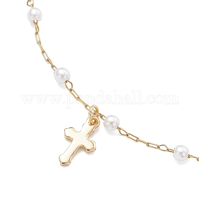 Женские браслеты на ногу из круглой искусственной жемчужины ABS и цепочек с кисточками из нержавеющей стали 304 AJEW-AN00738-02-1