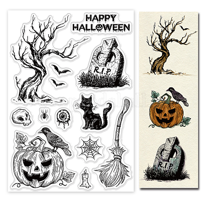 GLOBLELAND Halloween Clear Stamps Crow Broom Tombstone Pumpkin Silicone Clear Stamp Seals for Cards Making DIY Scrapbooking Photo Journal Album Decoration DIY-WH0167-56-914-1