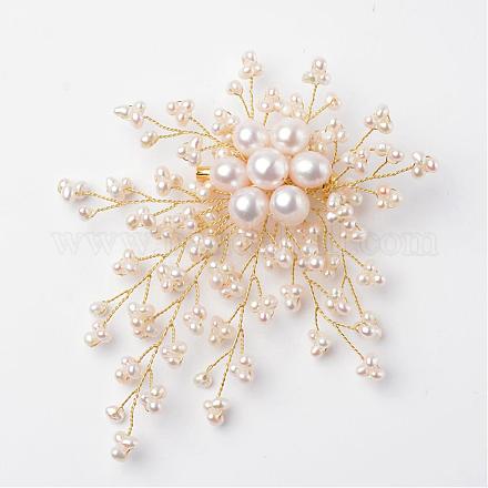 Perlas naturales broches de seguridad de latón de flores JEWB-I009-14-1