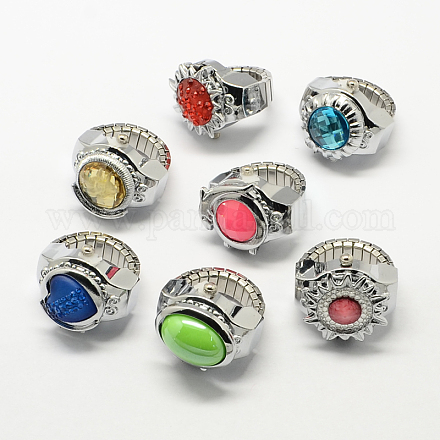 Relojes de cuarzo anillo de estiramiento hierro tono platino con fornituras de resina RJEW-R119-10-1