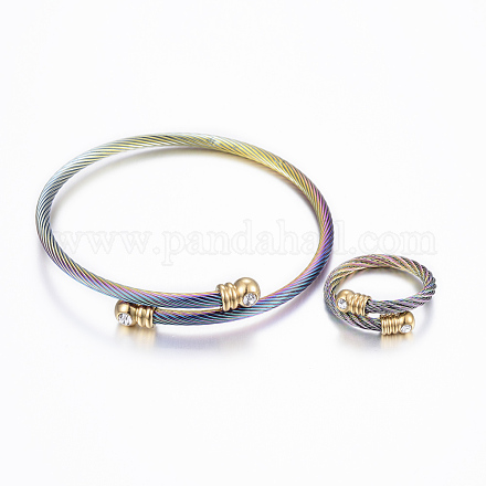 Trendy conjuntos de anillos y brazaletes de torque de 304 acero inoxidable X-SJEW-H073-12A-1