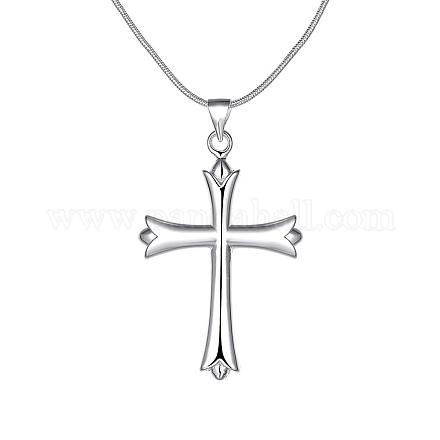 Simple Silver Color Plated Brass Cross Pendant Necklaces For Men NJEW-BB12909-1