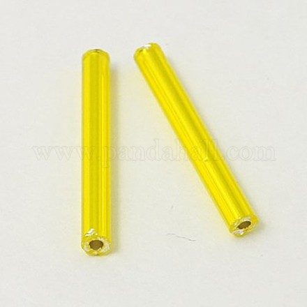 Yellow Silver-Lined Round Hole Glass Bugle Beads X-SEED-J002-07-1