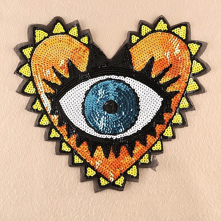 機械刺繍布地手縫いワッペン  マスクと衣装のアクセサリー  パイルレットアップリケ  目でハート  オレンジ  31x35cm DIY-F030-01B-1
