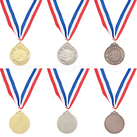 Ahandmaker6個3色スポーツメダル  1位2位3位メダルゴールドシルバーブロンズ賞メダル賞オリンピックスタイルの優勝メダル、学校の大会イベントパーティーの好意のためのネックリボン付き AJEW-GA0003-64-1