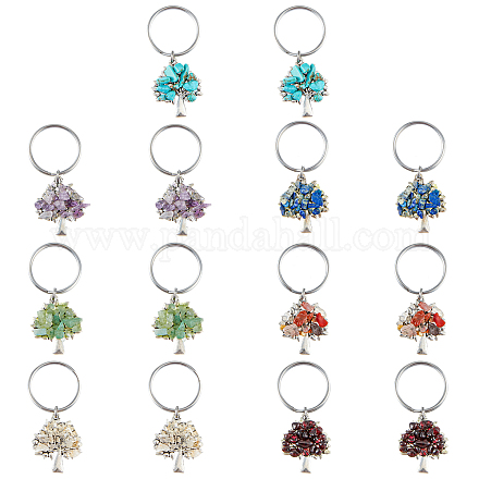 SUPERFINDINGS 14Pcs 7 Styles Tree of Life Keychain Chip Gemstone Keychain Natural Crystal Stone Handmade DIY Keychain Pendant with Stainless Steel Split Key Rings for DIY Lucky Bag Charms Keyring KEYC-FH0001-17-1