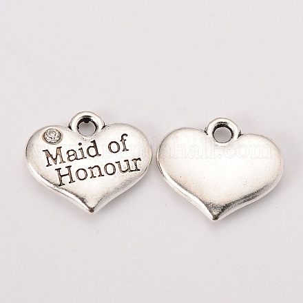 Wedding Theme Antique Silver Tone Tibetan Style Alloy Heart with Maide of Honour Rhinestone Charms TIBEP-N005-16A-1