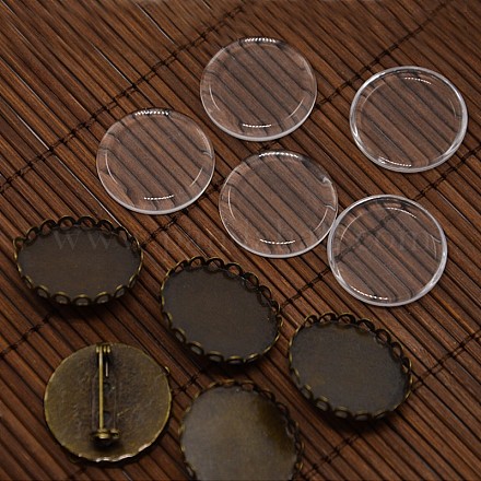 25mm Dome Clear Glass Cover & Antique Bronze Brass Brooch Setting Base Sets DIY-X0075-1