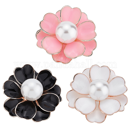 ANATTASOUL 3Pcs 3 Colors Camellia Flower Enamel Pin with Imitation Pearl JEWB-AN0001-01-1