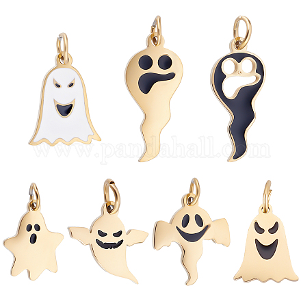 UNICRAFTALE 7Pcs 7 Style Halloween Ghost Pendant Charms 316 Surgical Stainless Steel Enamel Charms with Jump Rings ID:2.4/2.6mm Gold Plated Metal Pendant for Necklace Bracelet Jewelry Making STAS-UN0035-95-1