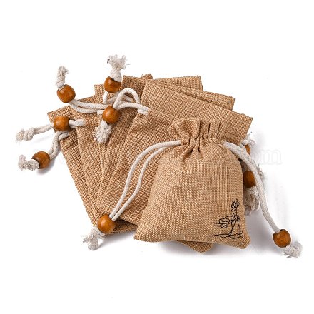 黄麻布製梱包袋ポーチ  巾着袋  木製のビーズで  ビスク  10~10.1x8.2~8.3cm ABAG-L006-A-01-1