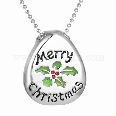 Drop Engraved Merry Christmas and Mistletoe/Holly Leaves Alloy Enamel Pendant Necklaces NJEW-N0052-096-1