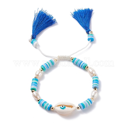 Coquillage naturel avec mauvais œil et bracelet en perles tressées BJEW-TA00049-02-1