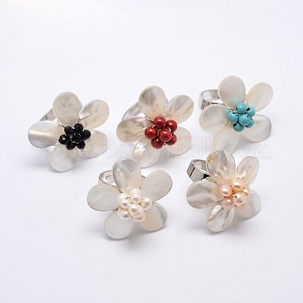 Laiton blanc perle bagues coquille fleur de platine RJEW-E022-R07-1