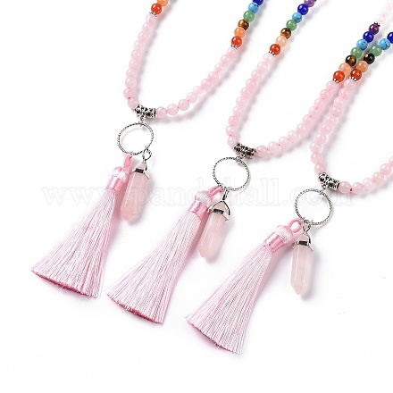 Natural Rose Quartz Bullet & Tassel Pendant Necklace with Mixed Gemstone Beaded Chains NJEW-E585-02E-1