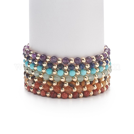 7Pcs 7 Style Natural & Synthetic Mixed Stone Stretch Bracelets Set with Brass Beaded BJEW-JB08772-1