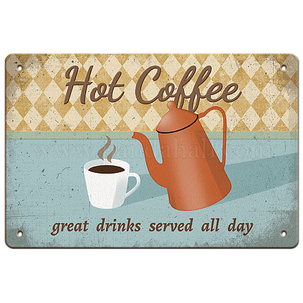 GLOBLELAND Hot Coffee Vintage Metal Tin Sign Plaque Poster Retro Great Drinks Served All Day Metal Wall Decorative Tin Signs 8×12inch for Home Kitchen Bar Coffee Shop Club Orchard Decoration AJEW-WH0189-047-1