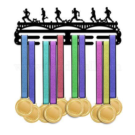 PHパンダホールメタルメダルホルダー  ランニングアスリートメダルハンガーメダルラックフレームスポーツ賞リボンホルダー個性的ウォールマウント階層型賞ラック、メダル60個以上用スポーツレースランナーアスリート ODIS-WH0021-511-1