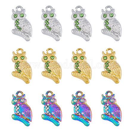 SUPERFINDINGS 12pcs 3 Colors Rhinestone Owl Shinny Charms 304 Stainless Steel Flat Small Birds Pendants Cute Animal Dangle Ornament Findings for DIY Jewelry Craft Making Hole 1.6mm STAS-FH0001-82-1