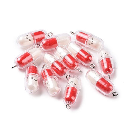 半透明のプラスチック ペンダント  錠剤カプセルチャーム  プラチナトーンの鉄ループ付き  レッド  29x10.5mm  穴：2mm KY-L006-29A-1