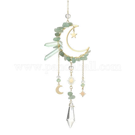 Scaglie di avventurina verde naturale e decorazioni in ottone con pendente a forma di luna HJEW-TA00066-02-1