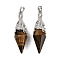 Natural Tiger Eye Faceted Bicone Big Pendants, with Brass Findings, Platinum, 50~54x16~17mm, Hole: 7x5mm