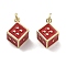 Brass Enamel Pendants, with Jump Ring, Dice Charm, Real 18K Gold Plated, FireBrick, 17x12.5x9.5mm, Hole: 3mm