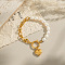 304 Stainless Steel Charm Bracelets, Cable Chain & Natural Freshwater Pearl Bracelets for Women, Heart, Real 18K Gold Plated, 8-5/8 inch(22cm)