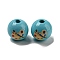 Printed Wood European Beads, Large Hole Beads, Round, Sky Blue, 16~16.5x14.5~15mm, Hole: 4mm