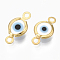Handmade Evil Eye Lampwork Links connectors, with 304 Stainless Steel Findings, Flat Round, Golden, White, 12.5x7x2.5mm, Hole: 1.5mm
